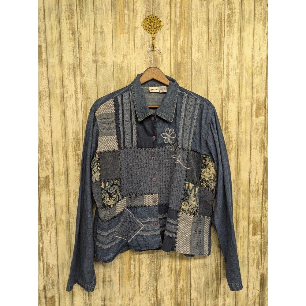 Cherokee Womens Vintage Patchwork Chambray Button Front Top Embroidered XL